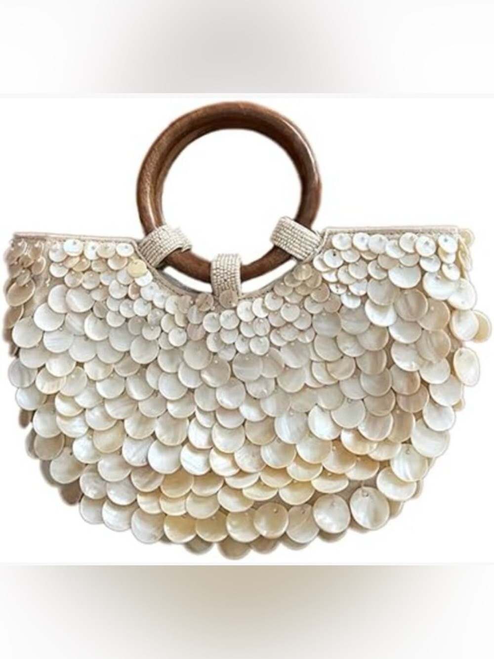 Handcrafted Shell Accent Cream Tote with Wooden Handle